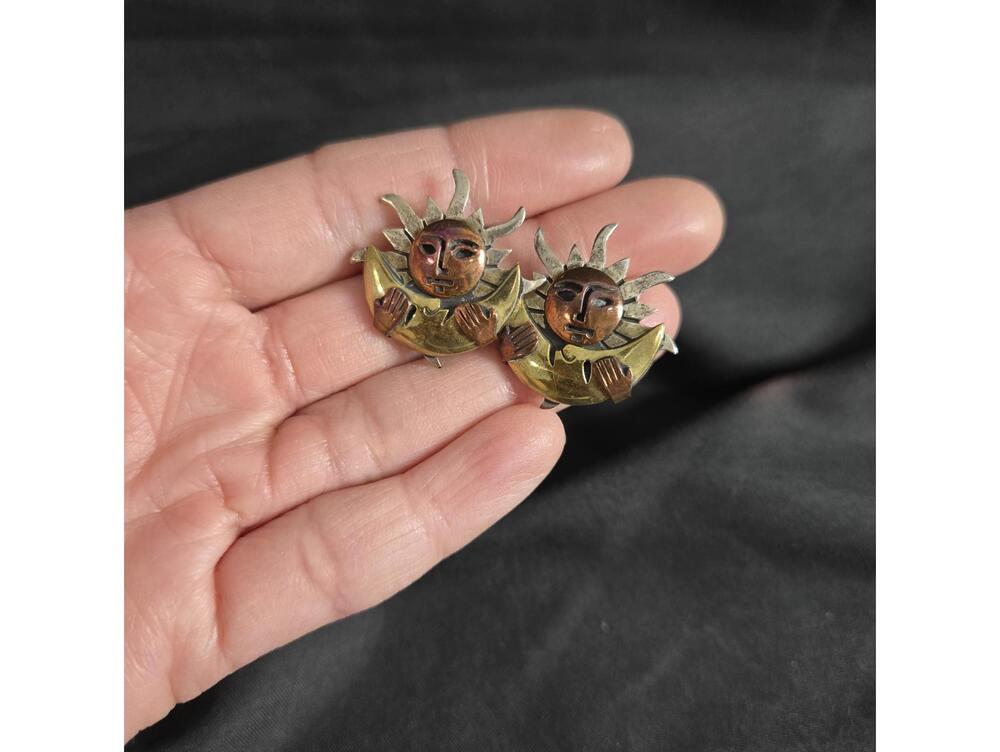 Vintage Taxco Sterling Silver Sun Moon Face Earrings Mixed Metal 925 Copper - Picture 7 of 8